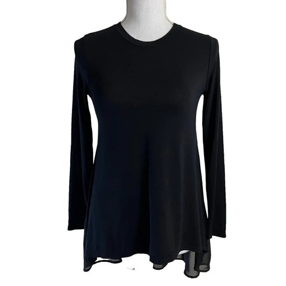 Aqua Black Blouse Size XS High Low Pleated Chiffon Back Long Sleeve Round Neck - Picture 1 of 4